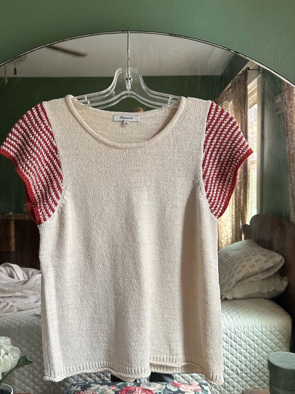 Madewell Cream Knit Top with Red Stripe Sleeves